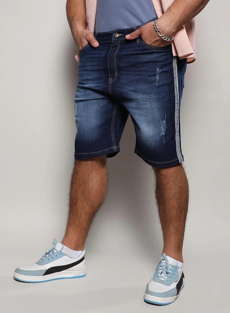 Instafab Plus Instafab Plus Men's Dark Blue Side-Striped Denim Shorts For Casual Wear | Dark-Wash | Plus-Size Fit | Button Closure | Denim Shorts Crafted With Comfort Fit For Everyday Wear