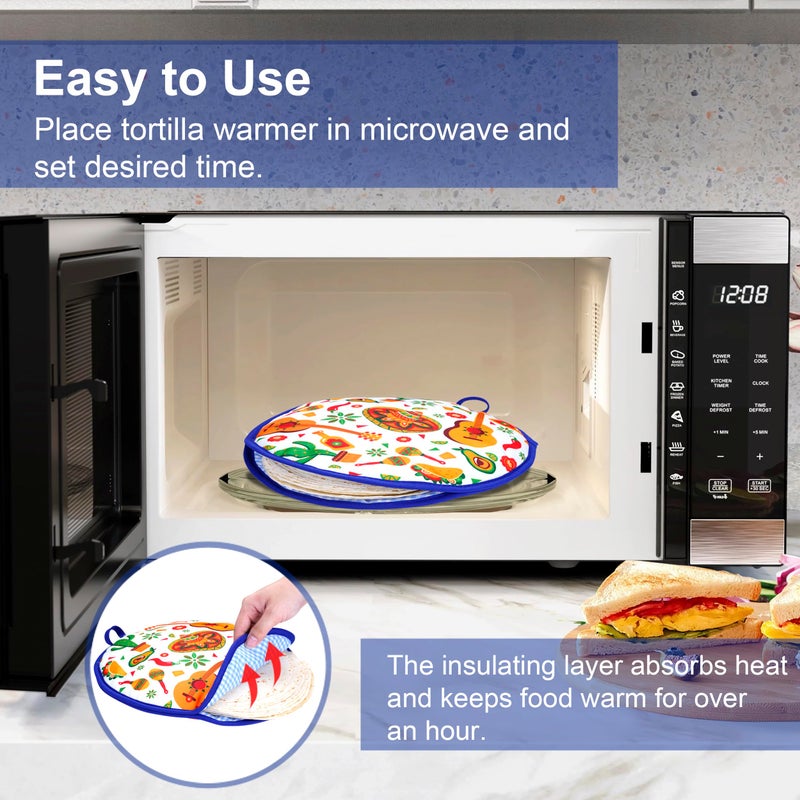 Eichzer 12 Inch Tortilla Warmer, Insulated Cloth Pouch for Tortillas, Tacos, Naan, and Pizza Rolls, Microwavable Fabric Bag Keeps Food Warm for One Hour (Mexican Style, White) - Image 4