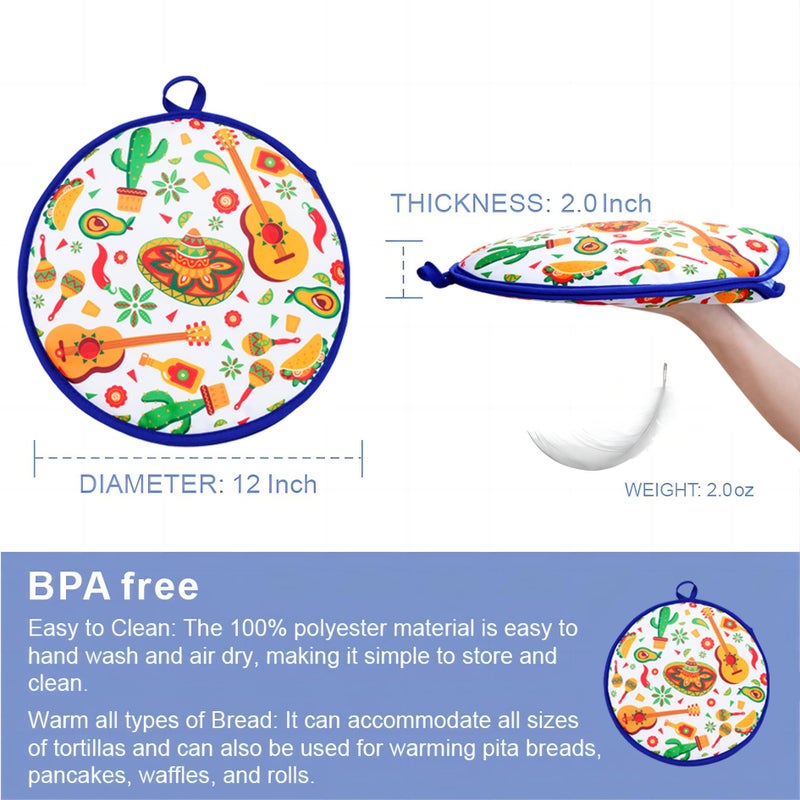 Eichzer 12 Inch Tortilla Warmer, Insulated Cloth Pouch for Tortillas, Tacos, Naan, and Pizza Rolls, Microwavable Fabric Bag Keeps Food Warm for One Hour (Mexican Style, White) - Image 3