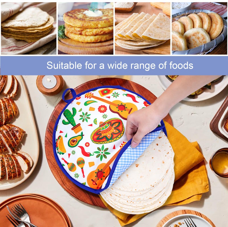 Eichzer 12 Inch Tortilla Warmer, Insulated Cloth Pouch for Tortillas, Tacos, Naan, and Pizza Rolls, Microwavable Fabric Bag Keeps Food Warm for One Hour (Mexican Style, White) - Image 5