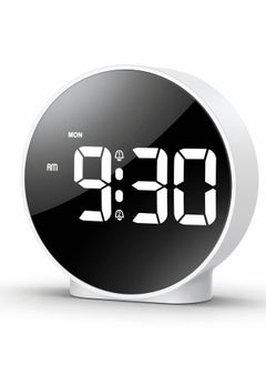 Small Digital Alarm Clock LED Desk Travel Corded Electric Battery Operated (Power Save After 8s) Dual Snooze Dimmable Day Set Week Display 4inch White