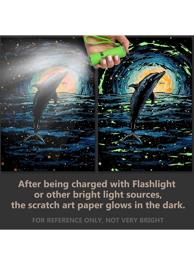 AP ARTSPER 2 Pack Night Glow Scratch Art Rainbow Painting Paper, Magic Glow-in-the-Dark Scraping, Van Gogh Style Creative Craft Set, Fun DIY Toy Sketch Card Scratchboard for Kids, Adults (Dolphin / Cat)  - Image 2