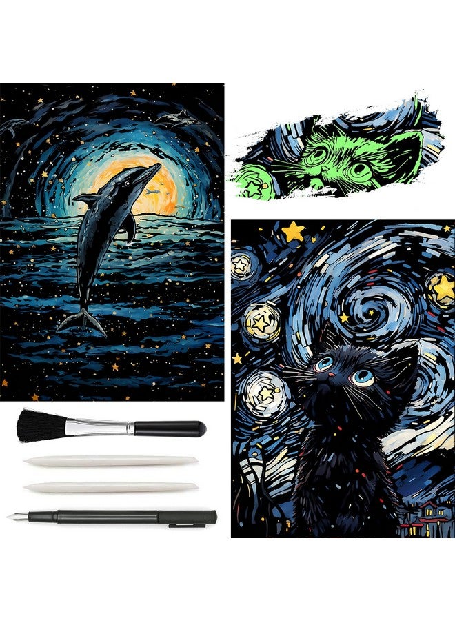 AP ARTSPER 2 Pack Night Glow Scratch Art Rainbow Painting Paper, Magic Glow-in-the-Dark Scraping, Van Gogh Style Creative Craft Set, Fun DIY Toy Sketch Card Scratchboard for Kids, Adults (Dolphin / Cat)  - Image 1