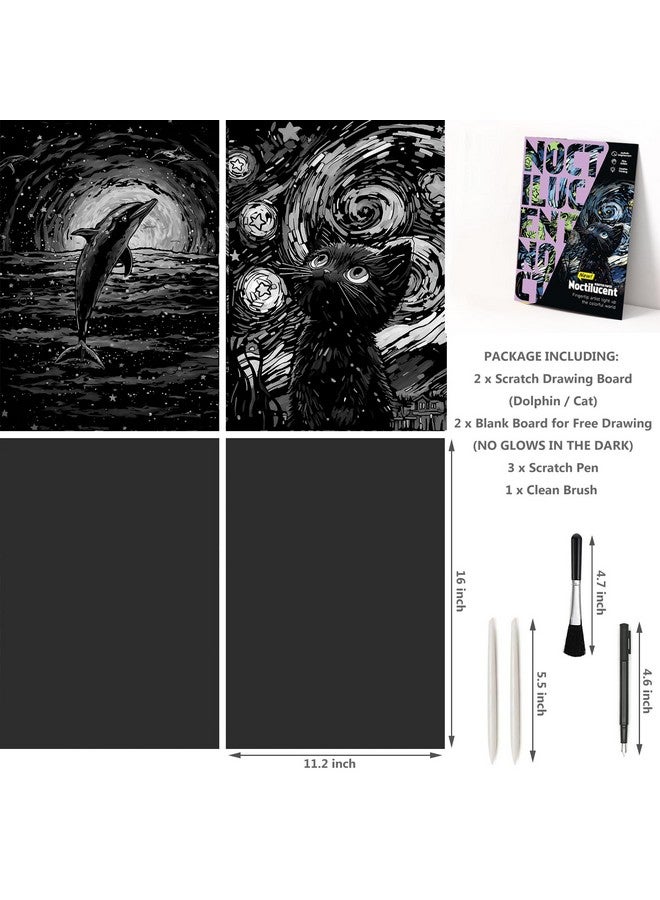 AP ARTSPER 2 Pack Night Glow Scratch Art Rainbow Painting Paper, Magic Glow-in-the-Dark Scraping, Van Gogh Style Creative Craft Set, Fun DIY Toy Sketch Card Scratchboard for Kids, Adults (Dolphin / Cat)  - Image 3