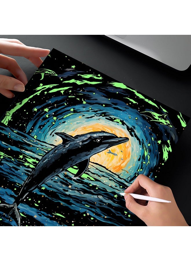 AP ARTSPER 2 Pack Night Glow Scratch Art Rainbow Painting Paper, Magic Glow-in-the-Dark Scraping, Van Gogh Style Creative Craft Set, Fun DIY Toy Sketch Card Scratchboard for Kids, Adults (Dolphin / Cat)  - Image 4