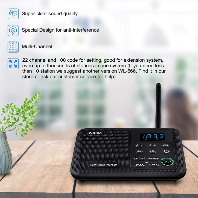 Wuloo Intercoms Wireless for Home 1 Mile Range 22 Channel 100 Digital Code Display Screen, Wireless Intercom System for Home House Business Office, Room to Room Intercom Communication(3Stations Black) - Image 2