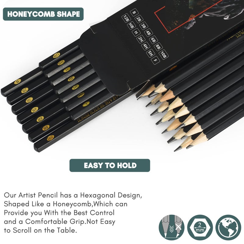Luwans Drawing Pencils Set of 14 (B - 12B) Sketching Pencils for Drawing, Shading & Doodling | Professional Sketch Pencils Graphite Grades for Artists & Beginners - Image 3