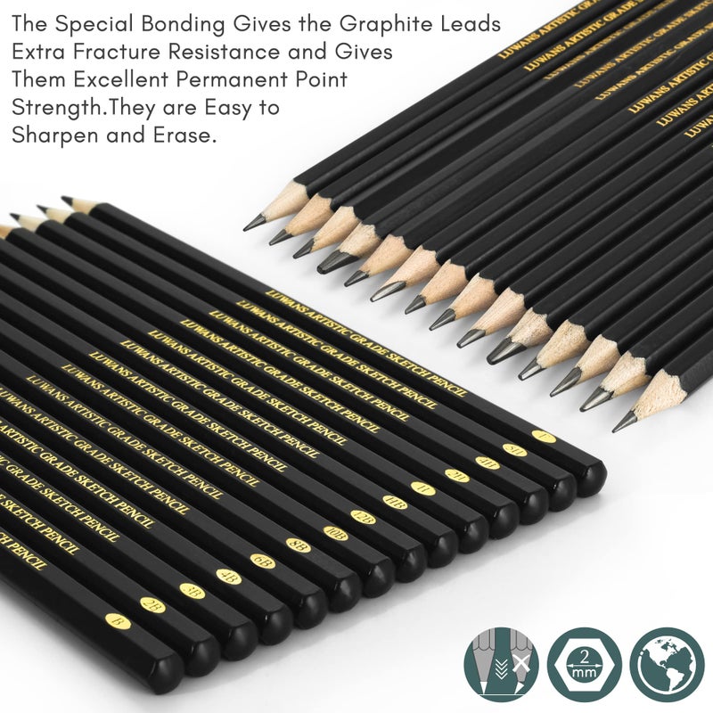 Luwans Drawing Pencils Set of 14 (B - 12B) Sketching Pencils for Drawing, Shading & Doodling | Professional Sketch Pencils Graphite Grades for Artists & Beginners - Image 4