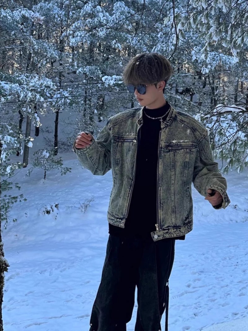 American Style Short Denim Jacket Men'S High-End Feeling New-Style Handsome Hair Stylist Trendy Brand Men'S Shoulder Pad Collar Jeans Jacket - Image 3