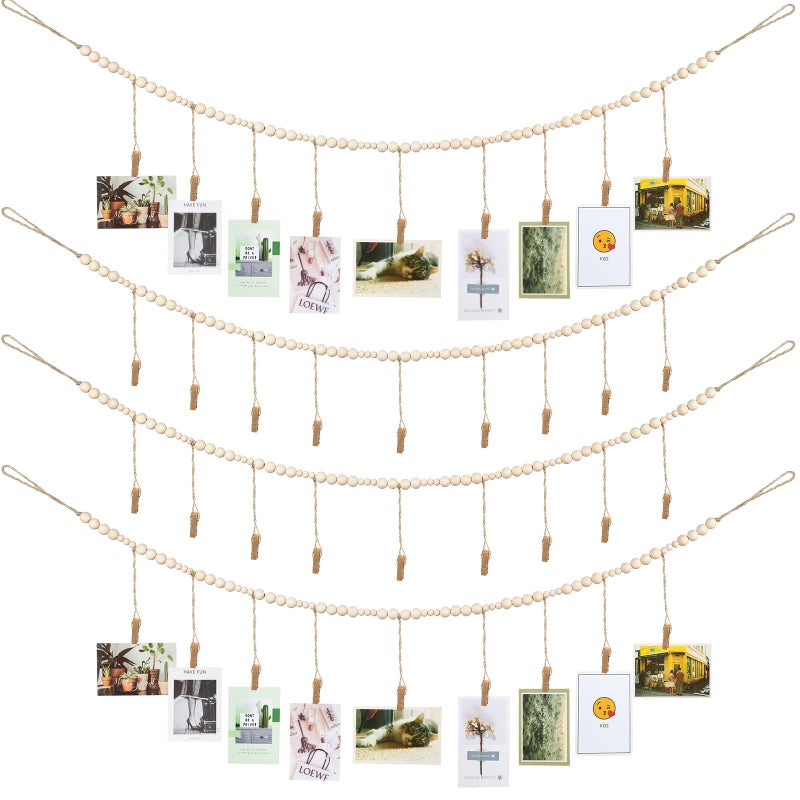 Jetec Wall Hanging Photo Display with Wooden Beads Garland 4 Feet Boho Collage Picture Frame DIY Picture Photo Frame Set with 9 Wood Clips for Rustic Country Home Office Nursery Room Decoration4 Pieces