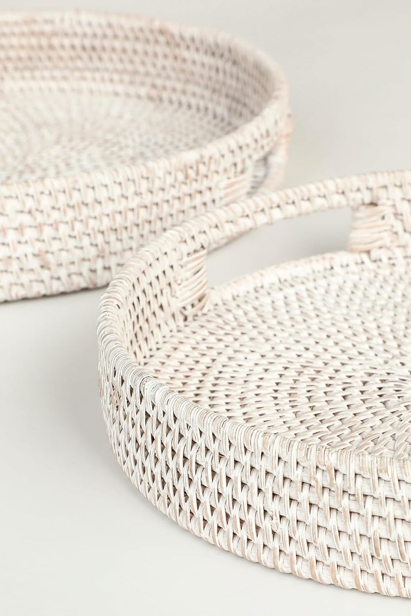 HITOMEN Hand-Woven Round Rattan Serving Tray Decorative Wicker Trays with Handles for Coffee Table (Whitewash M-11.8'') - Image 5