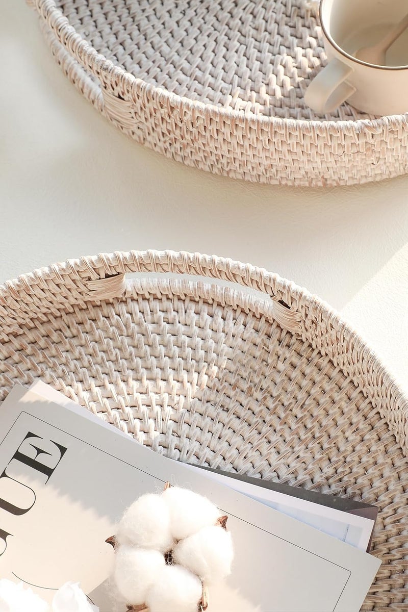 HITOMEN Hand-Woven Round Rattan Serving Tray Decorative Wicker Trays with Handles for Coffee Table (Whitewash M-11.8'') - Image 3