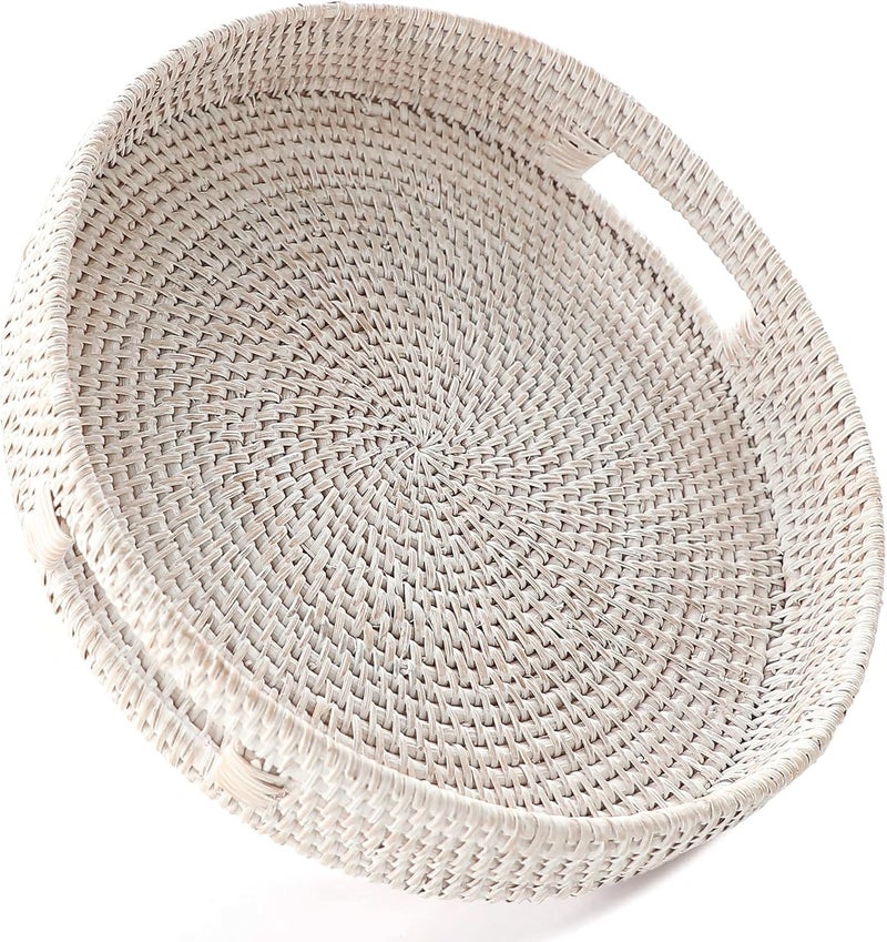 HITOMEN Hand-Woven Round Rattan Serving Tray Decorative Wicker Trays with Handles for Coffee Table (Whitewash M-11.8'') - Image 1