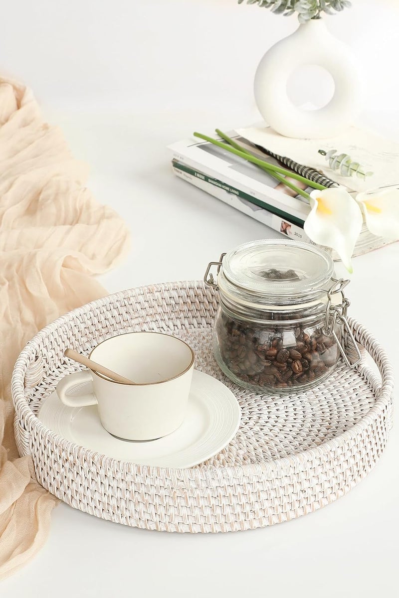 HITOMEN Hand-Woven Round Rattan Serving Tray Decorative Wicker Trays with Handles for Coffee Table (Whitewash M-11.8'') - Image 4