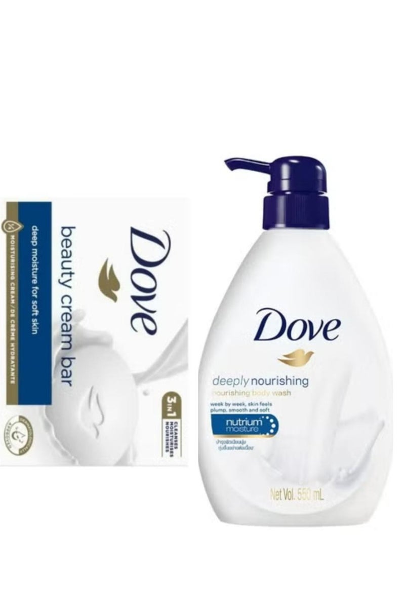 Dove The Best Set Of Two Pcs Of Deeply Nourishing Body Wash 550 ml + Beauty Cream Bar Soap Deep Moisture For Soft Skin 135g