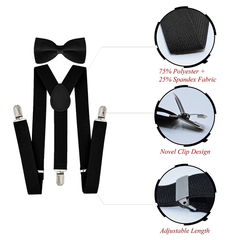 Trilece Kids Boys Suspenders - Adjustable Elastic Y Back and Strong Clips - Various Solid Colors (Y Set Black) - Image 2