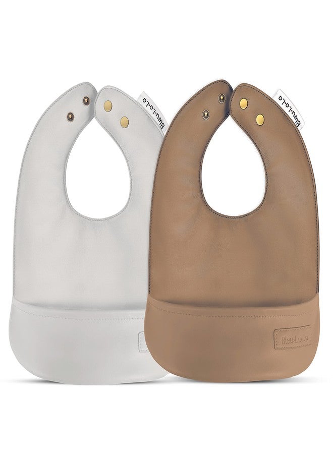 Bleu La La Vegan Leather Easy Clean Baby Bibs with Pocket and Snaps for Infants 0-12 Months (Mocha + Sand) - Image 1