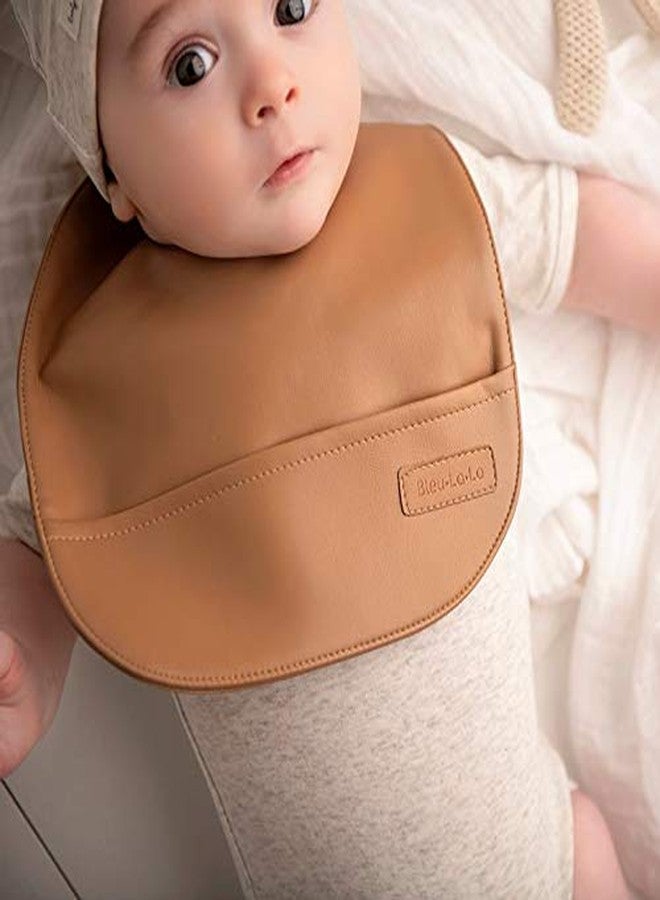 Bleu La La Vegan Leather Easy Clean Baby Bibs with Pocket and Snaps for Infants 0-12 Months (Mocha + Sand) - Image 2