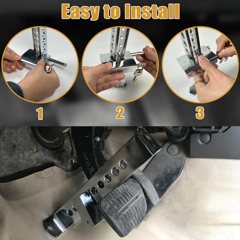 FLK Tech Anti-Theft Brake Clutch Lock, Stainless Steel Accelerator Lock, 9 Hole Adjustable Brake Pedal With 3 Keys - Image 5