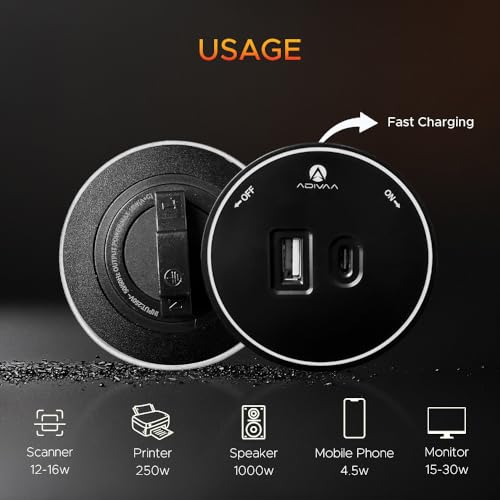 Adivaa Power Track Socket with USB & Type-C Ports | Smart Home Gadgets | Electrical Wall Outlet for Kitchen Office | with Blue LED Ring | Modular Rotating Outlet | Surge Protector | - Round (Black) - Image 2