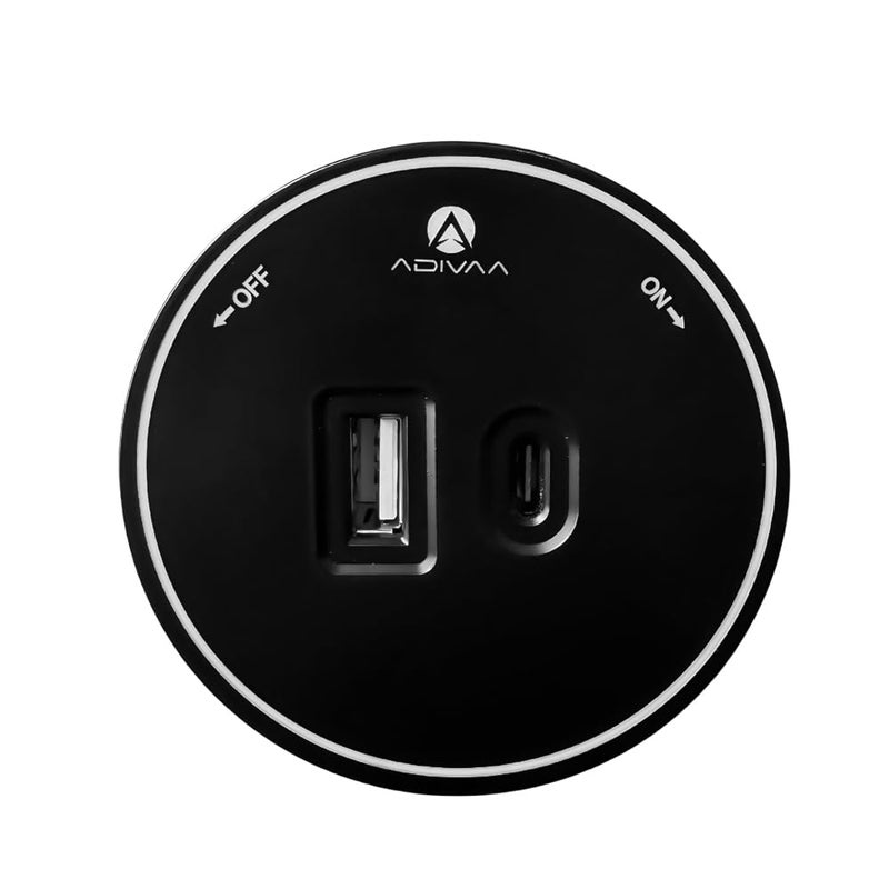 Adivaa Power Track Socket with USB & Type-C Ports | Smart Home Gadgets | Electrical Wall Outlet for Kitchen Office | with Blue LED Ring | Modular Rotating Outlet | Surge Protector | - Round (Black) - Image 5