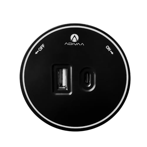 Adivaa Power Track Socket with USB & Type-C Ports | Smart Home Gadgets | Electrical Wall Outlet for Kitchen Office | with Blue LED Ring | Modular Rotating Outlet | Surge Protector | - Round (Black) - Image 1