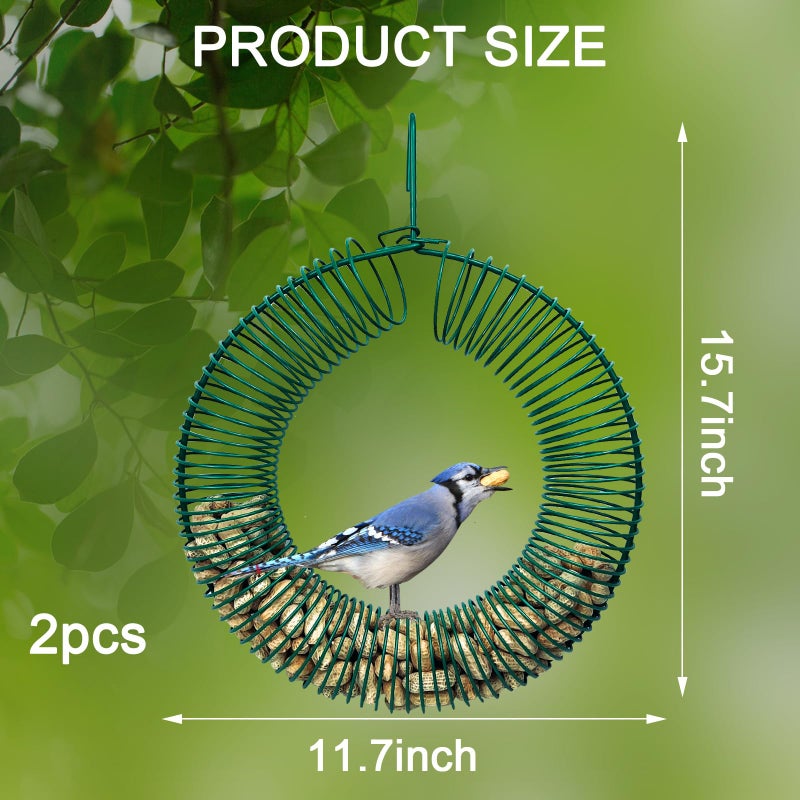 H HUGELEAF Hugeleaf 2 Pieces Peanut Bird Feeder, Hanging Wreath Feeder Round Metal Whole Wild Bird Feeder with Hanging Hook for Outdoor Birds and Squirrels Feeding, Fat Suet Ball Feeder for Blue Jay, Green - Image 2