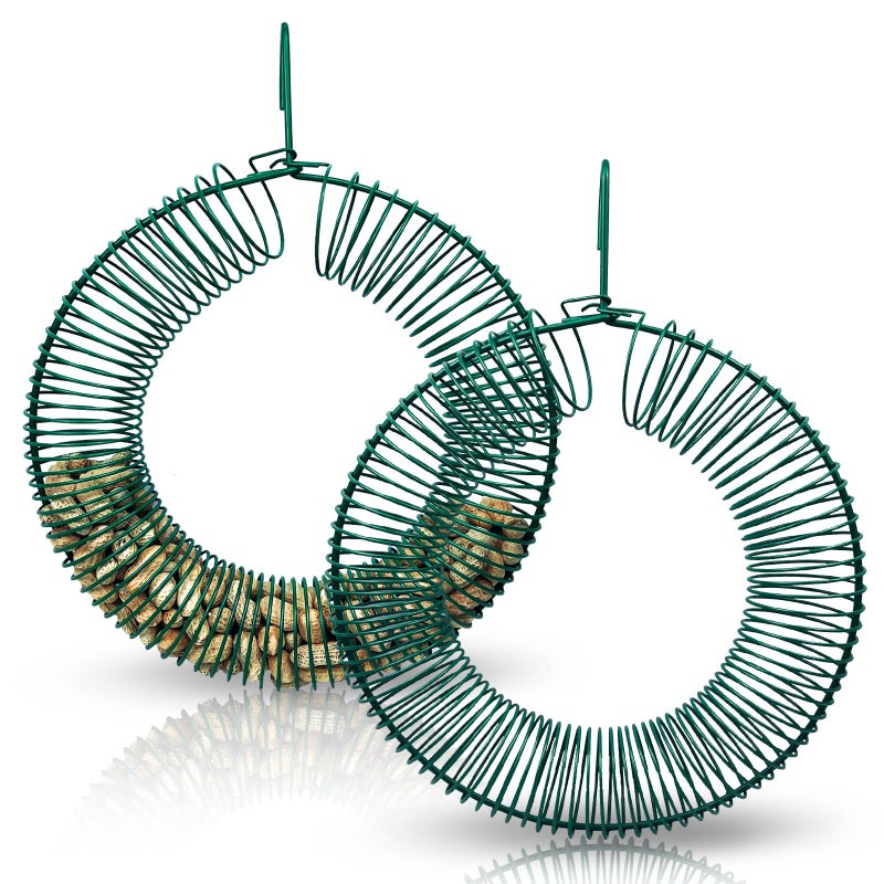 H HUGELEAF Hugeleaf 2 Pieces Peanut Bird Feeder, Hanging Wreath Feeder Round Metal Whole Wild Bird Feeder with Hanging Hook for Outdoor Birds and Squirrels Feeding, Fat Suet Ball Feeder for Blue Jay, Green - Image 1