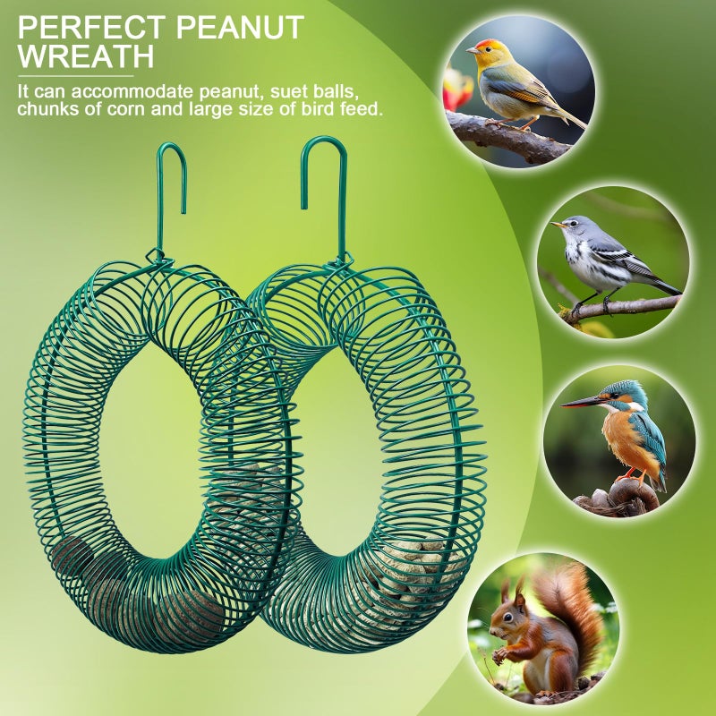 H HUGELEAF Hugeleaf 2 Pieces Peanut Bird Feeder, Hanging Wreath Feeder Round Metal Whole Wild Bird Feeder with Hanging Hook for Outdoor Birds and Squirrels Feeding, Fat Suet Ball Feeder for Blue Jay, Green - Image 3