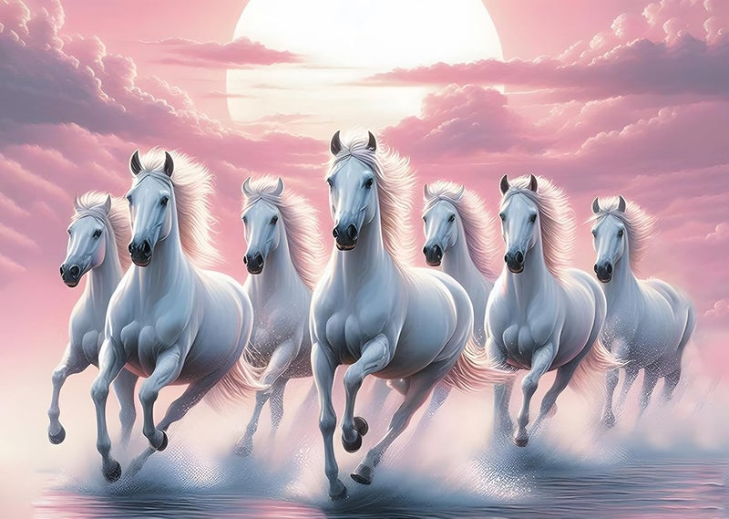 Roostaflag 7 Horse Poster for Wall 7 Horses Wall Stickers 7 Horses Vastu Poster Big Size with Sunrise 7 Horse Sticker for Wall Decor Lucky 7 Horses Posters for Living Room Decoration Baby Pink  - Image 1