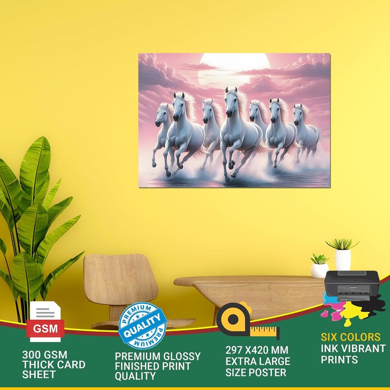 Roostaflag 7 Horse Poster for Wall 7 Horses Wall Stickers 7 Horses Vastu Poster Big Size with Sunrise 7 Horse Sticker for Wall Decor Lucky 7 Horses Posters for Living Room Decoration Baby Pink  - Image 4