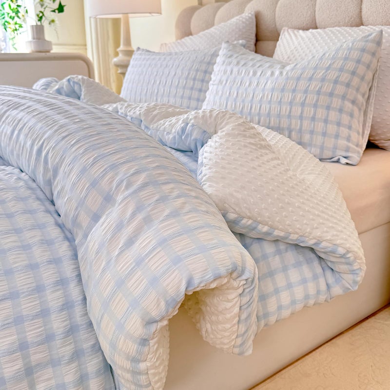 tohrisa Boho Comforter Set Queen Size - 3 Pieces Lightweight Jacquard Seersucker Bedding Sets (1 Soft Fluffy Grid Comforter & 2 Pillowcases) - All Seasons Cozy Modern Bed Set(90"x90" Light Blue) - Image 1
