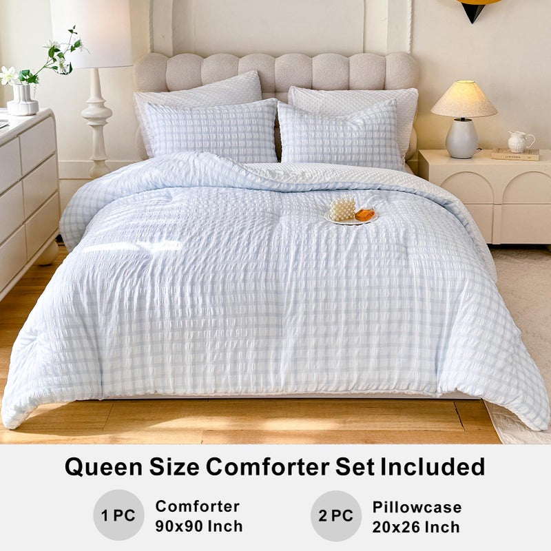 tohrisa Boho Comforter Set Queen Size - 3 Pieces Lightweight Jacquard Seersucker Bedding Sets (1 Soft Fluffy Grid Comforter & 2 Pillowcases) - All Seasons Cozy Modern Bed Set(90"x90" Light Blue) - Image 5