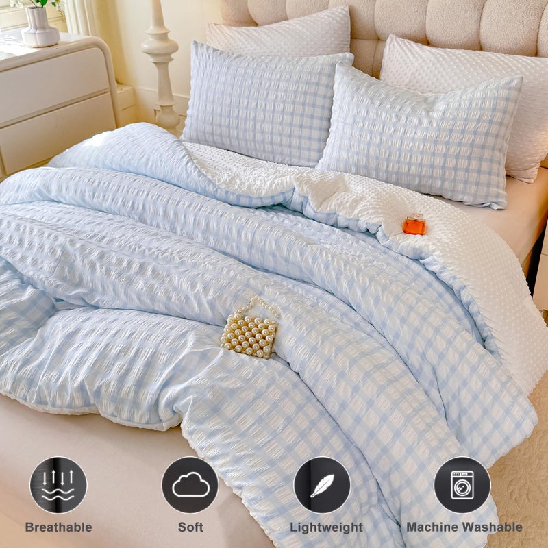 tohrisa Boho Comforter Set Queen Size - 3 Pieces Lightweight Jacquard Seersucker Bedding Sets (1 Soft Fluffy Grid Comforter & 2 Pillowcases) - All Seasons Cozy Modern Bed Set(90"x90" Light Blue) - Image 4