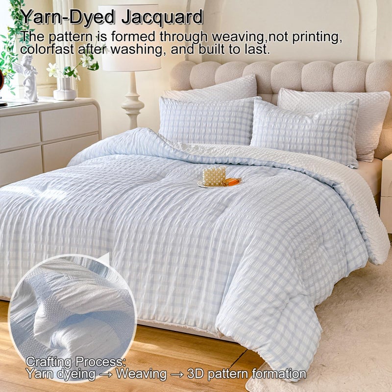 tohrisa Boho Comforter Set Queen Size - 3 Pieces Lightweight Jacquard Seersucker Bedding Sets (1 Soft Fluffy Grid Comforter & 2 Pillowcases) - All Seasons Cozy Modern Bed Set(90"x90" Light Blue) - Image 2