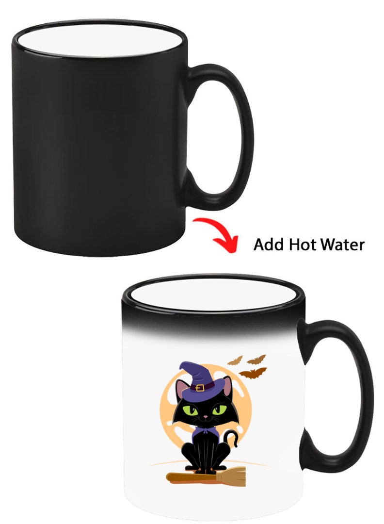 Theodor Color Changing Heat Sensitive Ceramic Mug, Image Revealed When HOT Liquid is Added! Cat Halloween with broom - Image 1