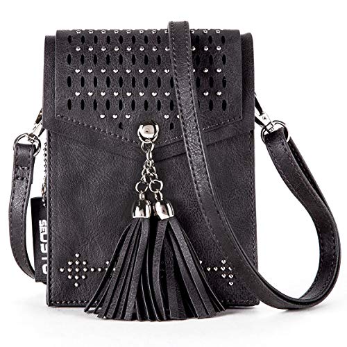 seOSTO Womens Small Crossbody Bag, Tassel Cell Phone Purse Holder Wallet,Black Bag - Image 1