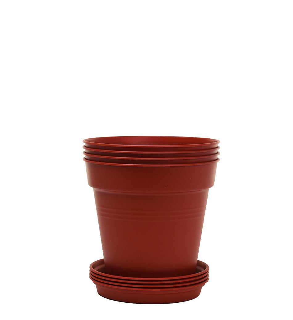 Round Flower Pot Planters X-Large - Pack of 4 with bottom tray - Plastic | Color - Brown | Size - 21x21x23cm | Asthetically Decorate Your Terrace, Garden or Patio. Ideal for outdoor or indoors