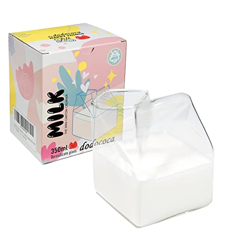dodococa Glass Milk Carton Creamer Pitcher Cute Clear Kawaii Milk Carton Cup Mini Creamer Pitcher Container 12 Oz, 1Pcs - Image 1