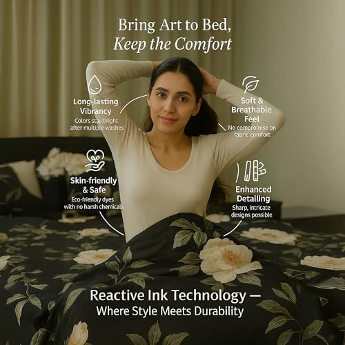 RUSTIQUE LINENS | Digitally Printed with Reactive Ink Tech | 300 TC 100% Organic Cotton Premium Bedsheet Set | Ultra-Soft Satin-Like Finish -Floral Midnight Black - Image 5
