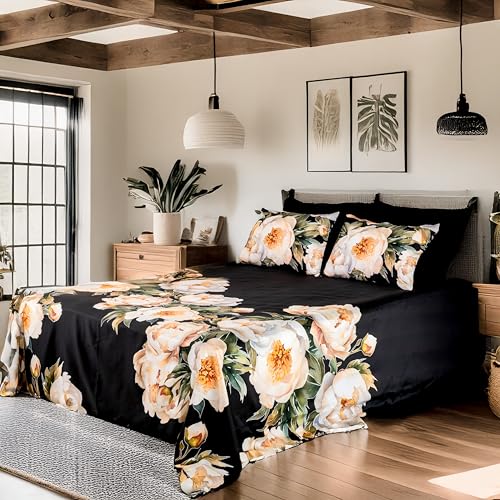 RUSTIQUE LINENS | Digitally Printed with Reactive Ink Tech | 300 TC 100% Organic Cotton Premium Bedsheet Set | Ultra-Soft Satin-Like Finish -Floral Midnight Black - Image 1