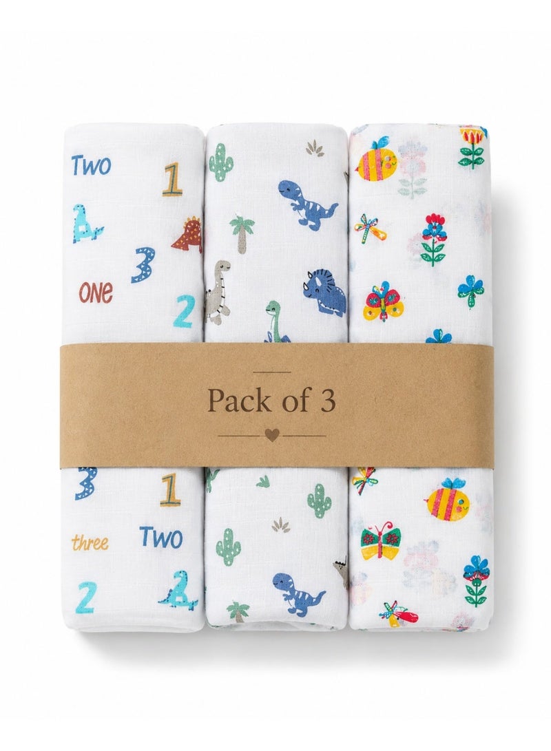 Pack of 3 - Baby Muslin Swaddle Blanket - Soft Cotton Breathable Wrap Multicolor Multi Print - White (100x100 cm) - Image 1
