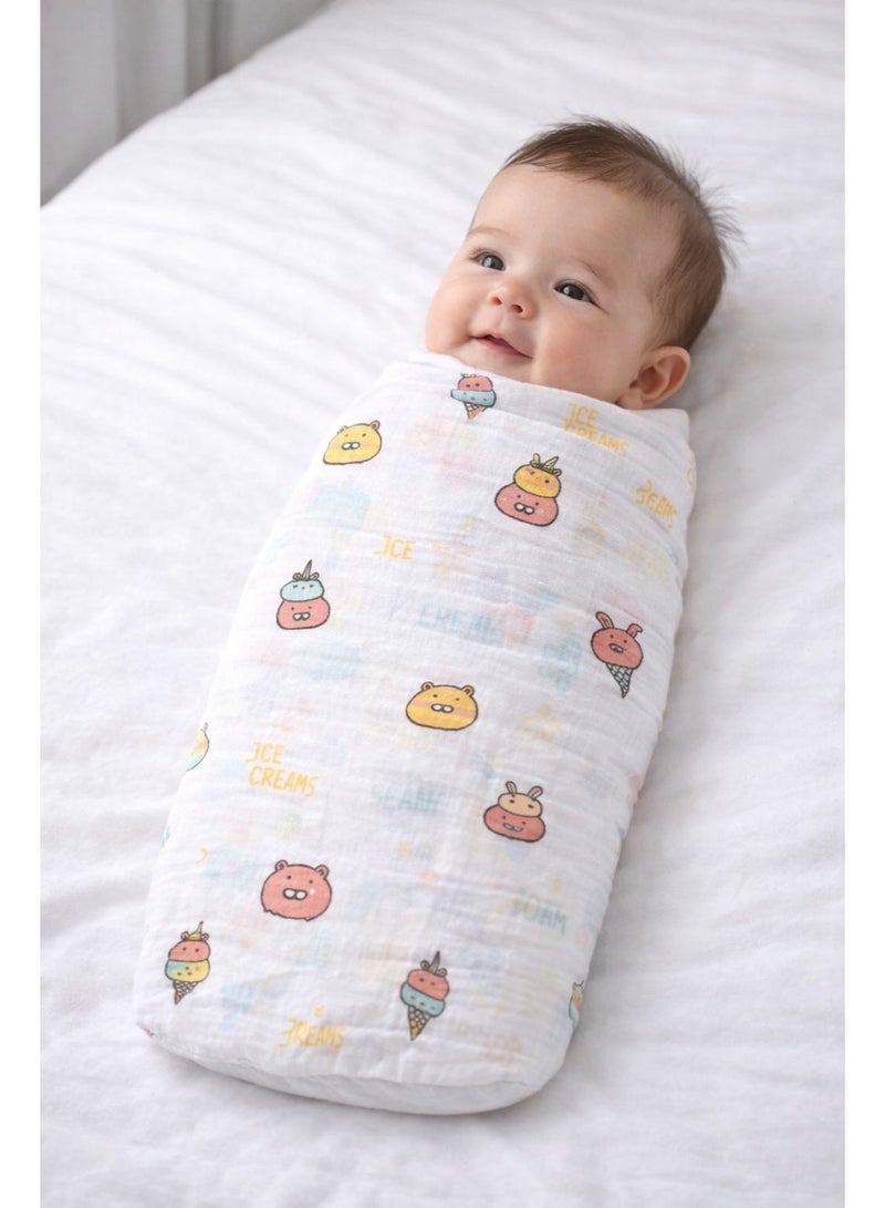 Pack of 3 - Baby Muslin Swaddle Blanket - Soft Cotton Breathable Wrap Multicolor Multi Print - White (100x100 cm) - Image 5