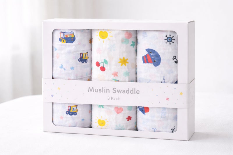Pack of 3 - Baby Muslin Swaddle Blanket - Soft Cotton Breathable Wrap Multicolor Multi Print - White (100x100 cm) - Image 4