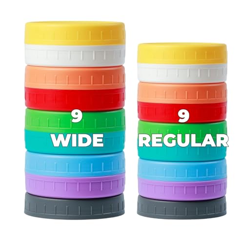 Bedgeta 18 Pack 9 Wide Mouth & 9 Regular Mouth Mason Jar Lids with Silicone Rings,Thickened Leak-proof Lids Fit Ball,Kerr and More, 18 Color Plastic Lids, 86mm &70mm Plastic Mason Jar Lids - Image 1