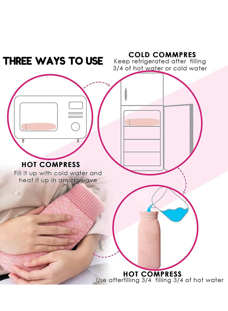 Hot Water Bottle Bag with Knit Cover for Microwave Heating Silicone Hot  Cold Therapies Back Pain   Gift for gi rlfri en d Mather Valen tine's Day Gift Exchange Party Pink Long - Image 2