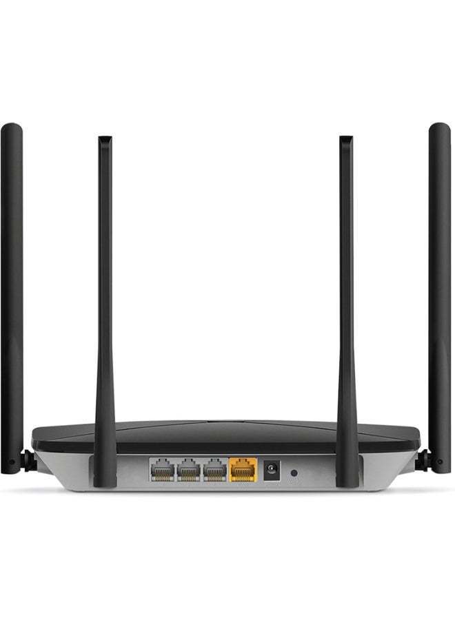 MERCUSYS AC1300 Dual-Band Wi-Fi Gigabit Router
SPEED: 400 Mbps at 2.4 GHz + 867 Mbps at 5 GHz
SPEC: 4× Fixed External Antennas, 3× Gigabit LAN Ports, 1× Gigabit WAN Port
FEATURE: MERCUSYS APP, Router/Access Point Mode, WPS/Reset Button, IPTV, IPv6, Smart Connect, Beamforming, MU-MIMO, Parental Controls, Guest Network, TR-069, ISP Preset (Agile Config), Aginet ACS, Superadmin, EasyMesh Black - Image 2