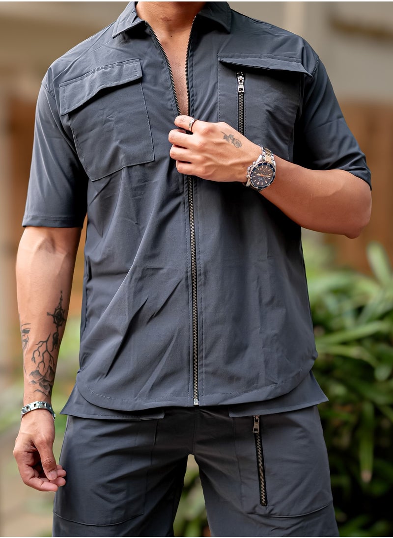 Maniac Mens Solid Front Full Zipper Dark Grey Jacket and Dark Grey Shorts Nylon Oversized Co-Ords  - Image 4