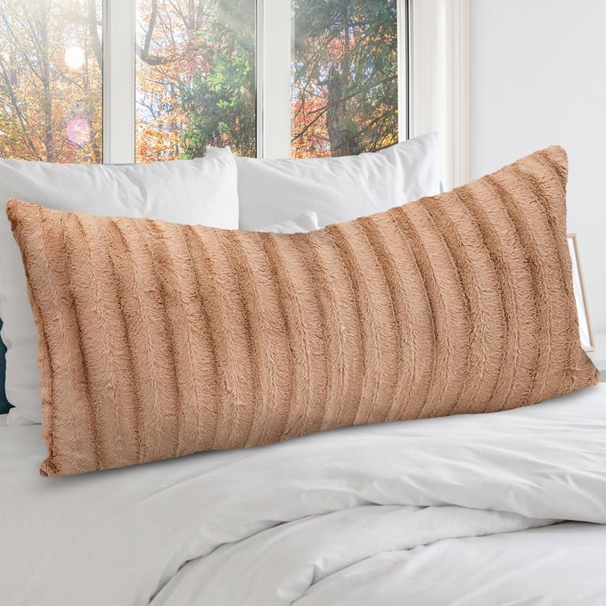 FAUX FUR LONG BODY PILLOW ACCENT THROW PILLOW FOR BED AND COUCH DECORATIVE LUMBAR PILLOW WITH INSERT SAND 18 X 40