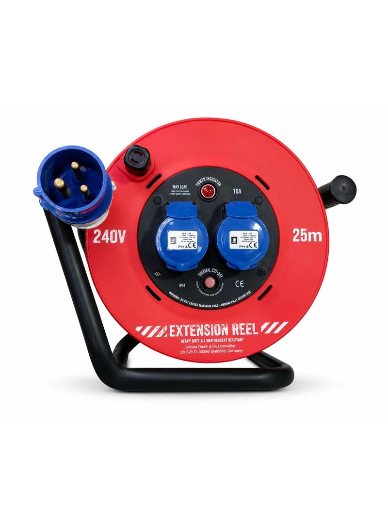 25m Extension Reel Cable With 2 Way Socket, 16A Heavy Duty Cable Reel With Power Indicator And Thermal Cut-Off - Image 1